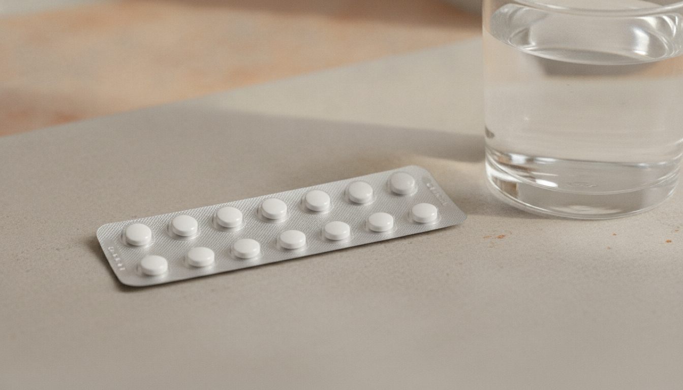 Tablečių lizdinė plokštelė šalia vandens stiklinės